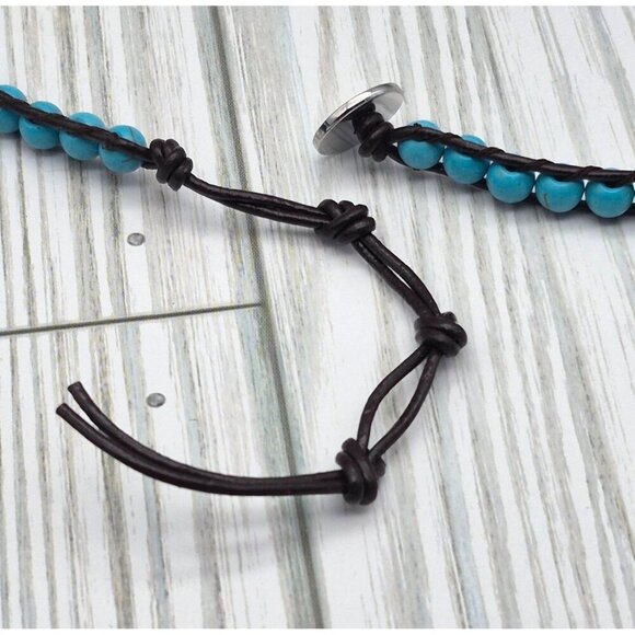 Victoria Emerson Blue Turquoise Stone Beads Brown Leather Cord Wrap Bracelet 36" - Picture 11 of 11